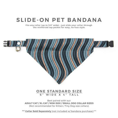Pet Bandana - "Wavelength - Smoke" - Blue, Copper & Black Bandana for Cat + Small Dog / Slide-on Bandana / Over-the-Collar (One Size)