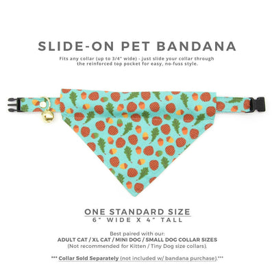 Pet Bandana - "Woodland - Sky" - Pine Cones, Leaves & Acorns Turquoise Blue Bandana for Cat + Small Dog / Slide-on Bandana / Over-the-Collar (One Size)