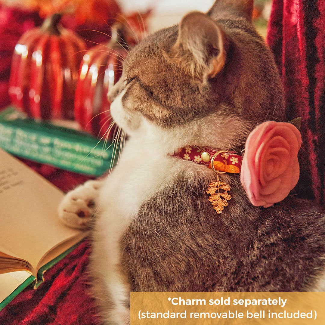 Cat Collar + Flower Set - "Pumpkin Patch - Cranberry" - Burgundy Autumn Harvest Cat Collar w/ Baby Pink Felt Flower (Detachable)