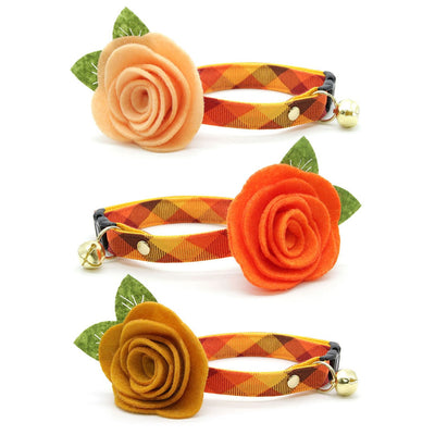 Cat Collar + Flower Set - "Cinnamon" - Orange, Red & Gold Fall Plaid Cat Collar w/ Mustard Felt Flower (Detachable)