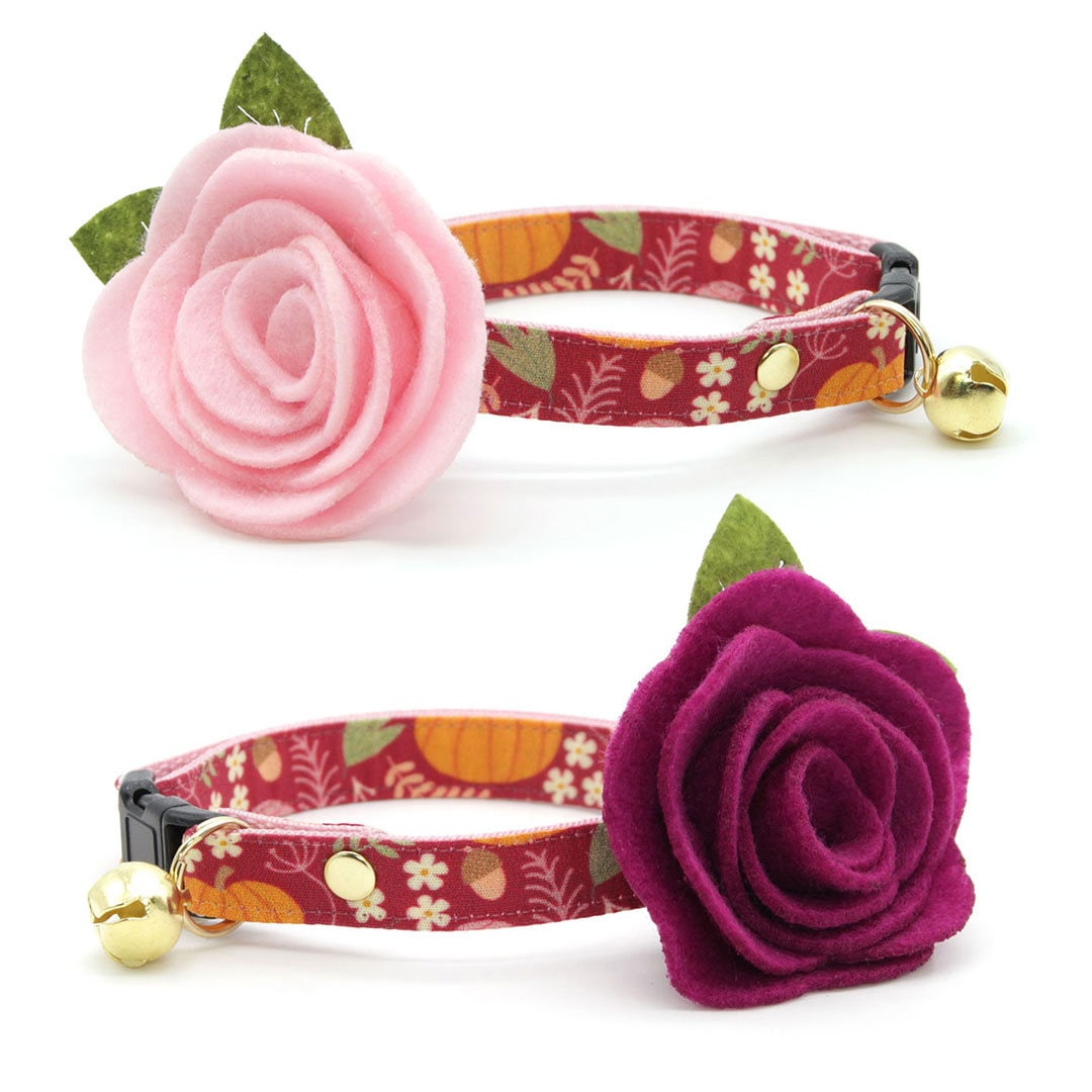 Cat Collar - "Pumpkin Patch - Cranberry" - Burgundy Fall Harvest Cat Collar / Thanksgiving / Breakaway Buckle or Non-Breakaway / Cat, Kitten + Small Dog Sizes
