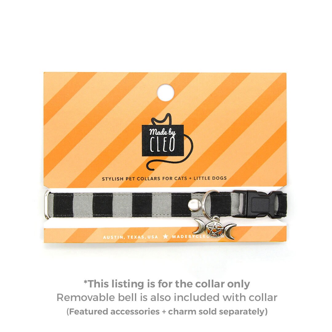 Cat Collar - "Unexpected Guest" - Black & Gray Striped Cat Collar / Halloween / Beetlejuice / Breakaway Buckle or Non-Breakaway / Cat, Kitten + Small Dog Sizes