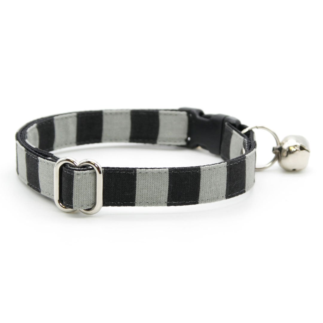 Cat Collar - "Unexpected Guest" - Black & Gray Striped Cat Collar / Halloween / Beetlejuice / Breakaway Buckle or Non-Breakaway / Cat, Kitten + Small Dog Sizes