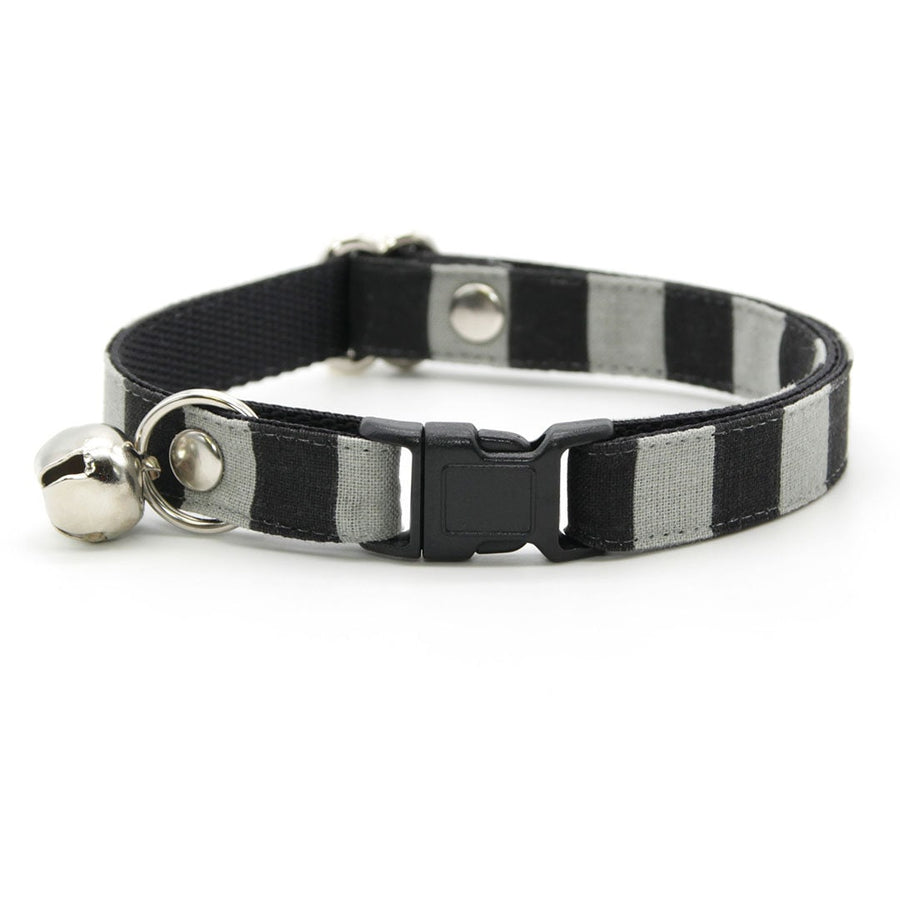 Cat Collar - "Unexpected Guest" - Black & Gray Striped Cat Collar / Halloween / Beetlejuice / Breakaway Buckle or Non-Breakaway / Cat, Kitten + Small Dog Sizes