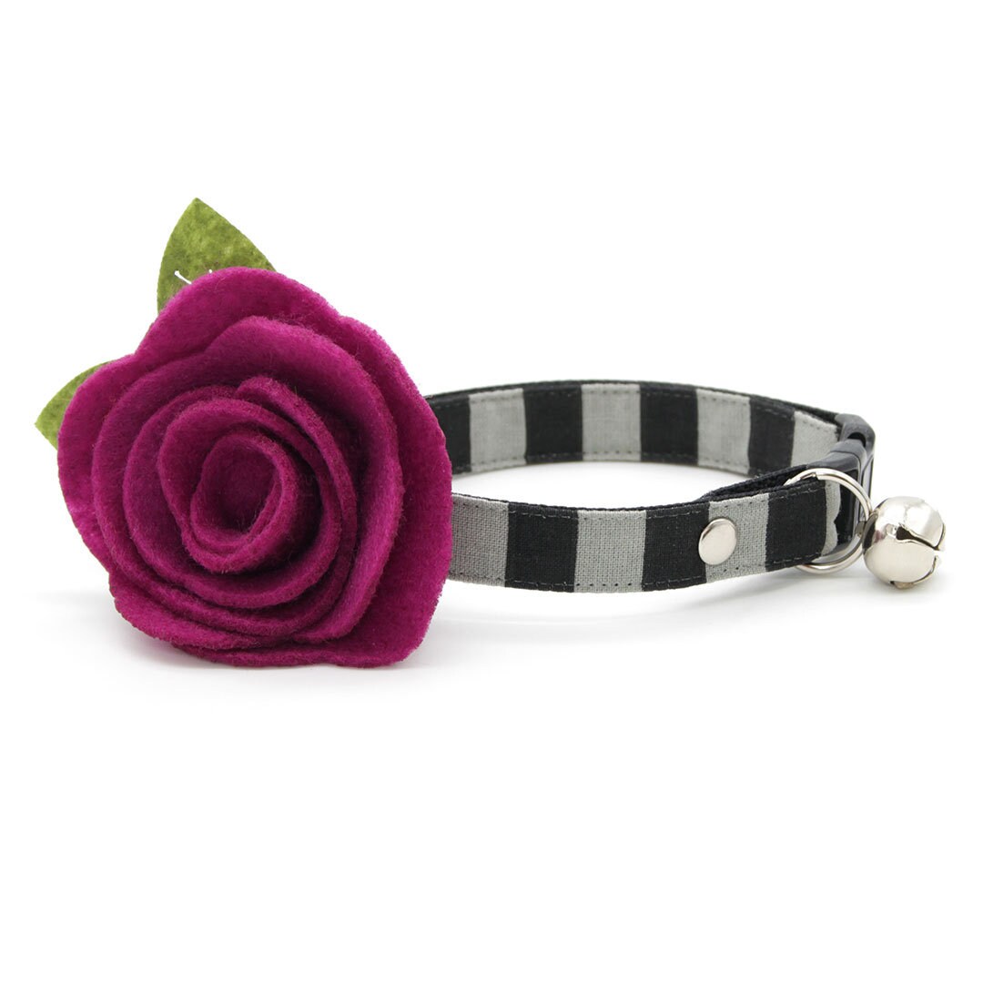 Cat Collar - "Unexpected Guest" - Black & Gray Striped Cat Collar / Halloween / Beetlejuice / Breakaway Buckle or Non-Breakaway / Cat, Kitten + Small Dog Sizes
