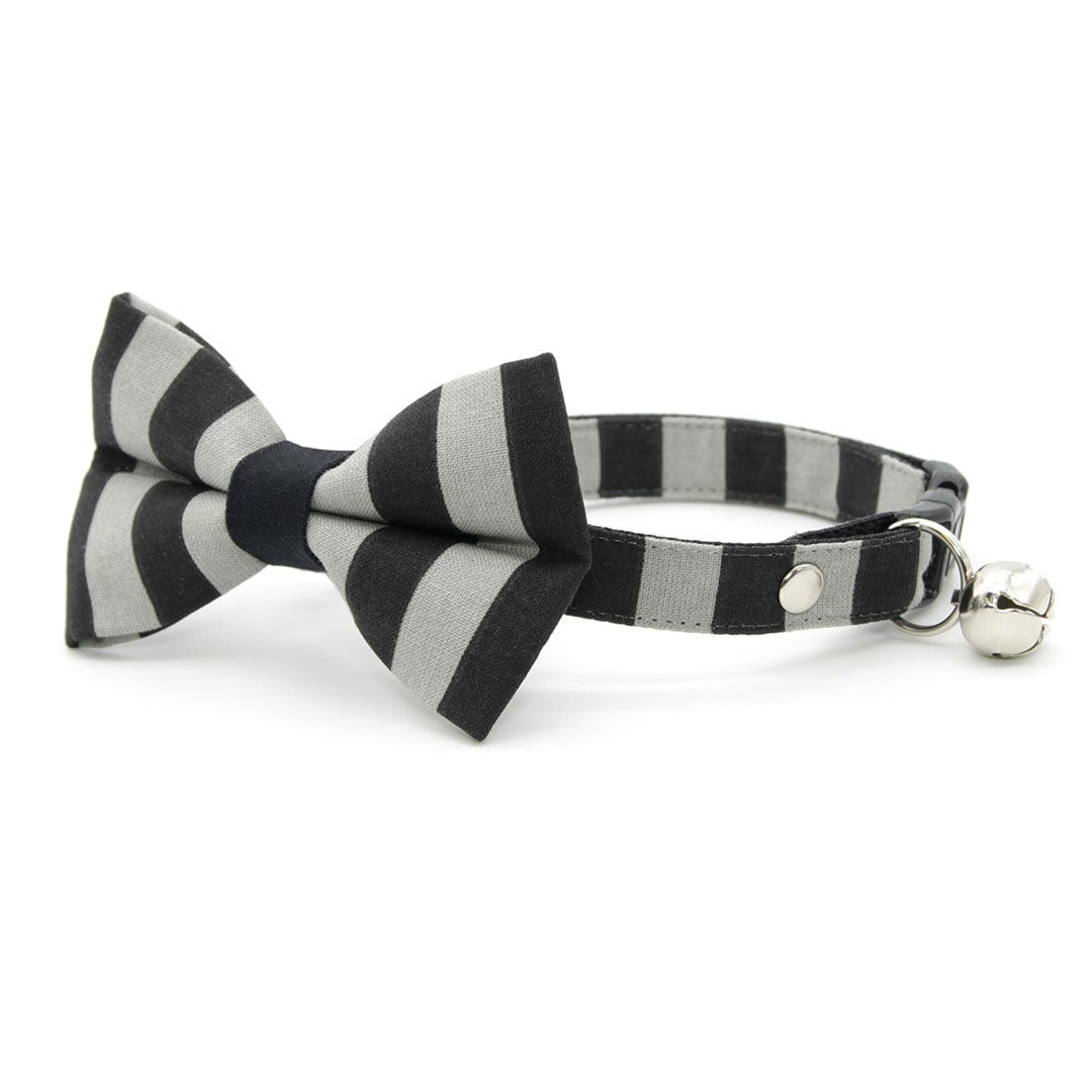 Cat Collar - "Unexpected Guest" - Black & Gray Striped Cat Collar / Halloween / Beetlejuice / Breakaway Buckle or Non-Breakaway / Cat, Kitten + Small Dog Sizes