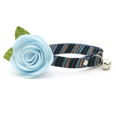 Cat Collar + Flower Set - "Wavelength - Smoke" - Blue, Copper & Black Cat Collar w/ Sky Blue Felt Flower (Detachable)