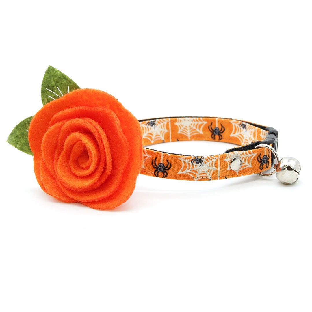 Cat Collar + Flower Set - "Spooky Spiderwebs" - Halloween Glow-in-the-Dark Cat Collar w/ Orange Felt Flower (Detachable)