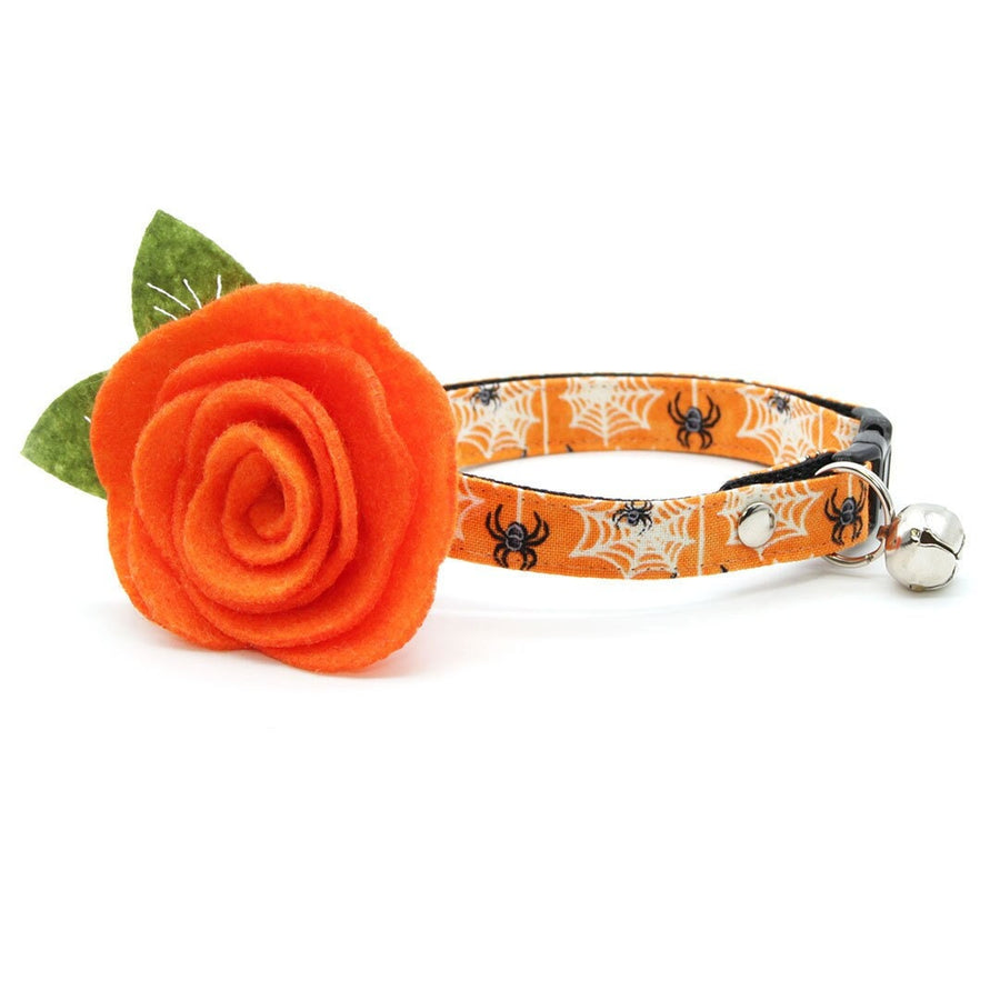 Cat Collar + Flower Set - "Spooky Spiderwebs" - Halloween Glow-in-the-Dark Cat Collar w/ Orange Felt Flower (Detachable)