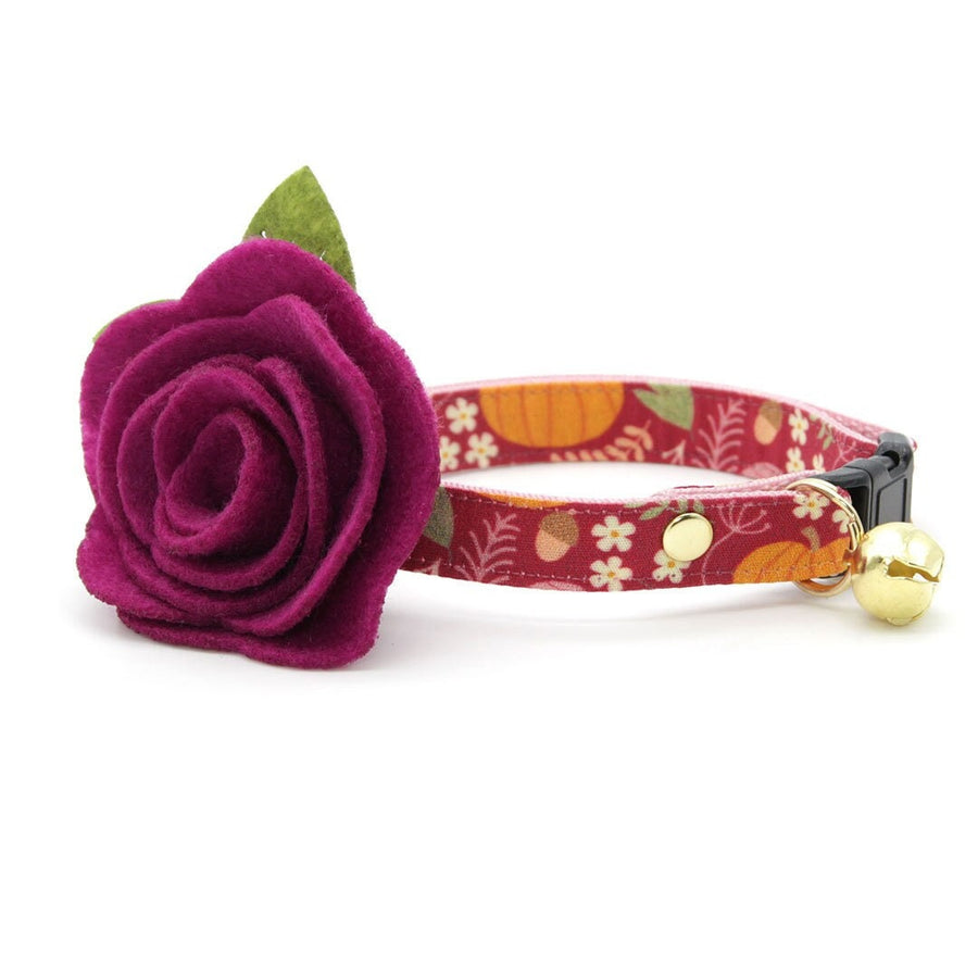 Cat Collar + Flower Set - "Pumpkin Patch - Cranberry" - Burgundy Autumn Harvest Cat Collar w/ Plum Felt Flower (Detachable)