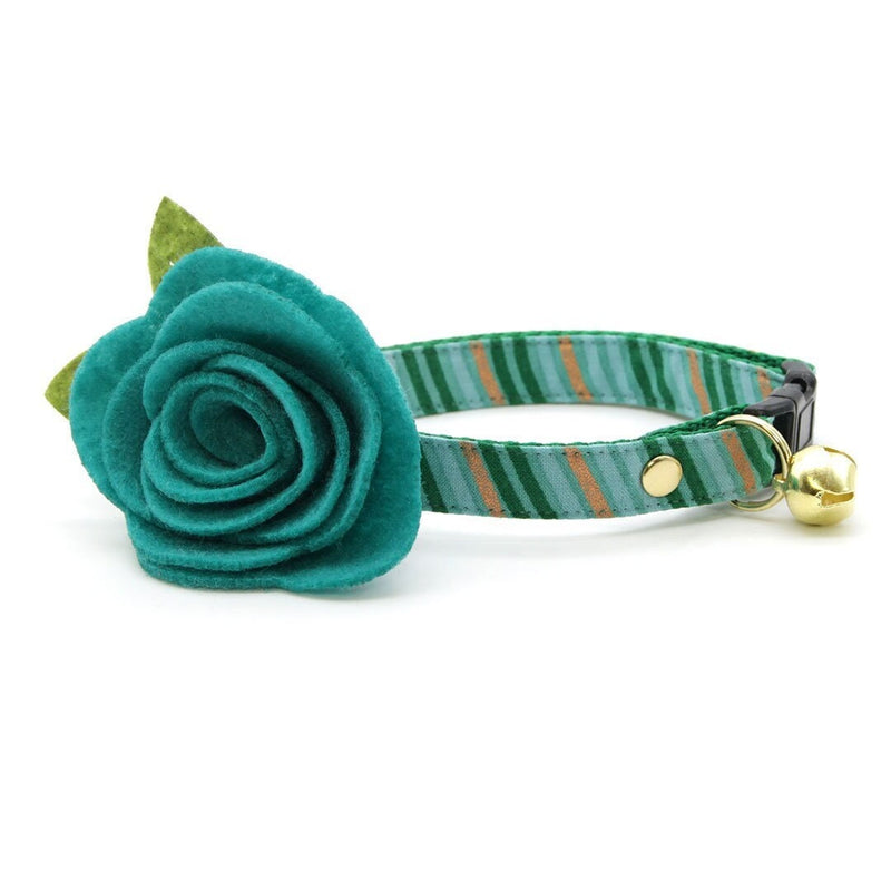Cat Collar + Flower Set - "Wavelength - Jade" - Green, Copper & Mint Cat Collar w/ Teal Felt Flower (Detachable)