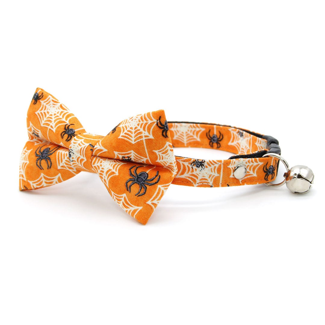 Bow Tie Cat Collar Set - "Spooky Spiderwebs" - Halloween Glow-in-the-Dark Cat Collar w/ Matching Bowtie / Cat, Kitten, Small Dog Sizes