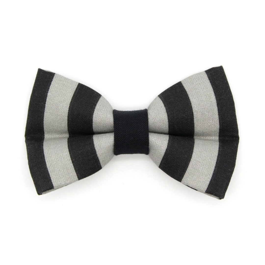 Bow Tie Cat Collar Set - "Unexpected Guest" - Black & Gray Striped Cat Collar w/ Matching Bowtie / Halloween, Beetlejuice / Cat, Kitten, Small Dog Sizes