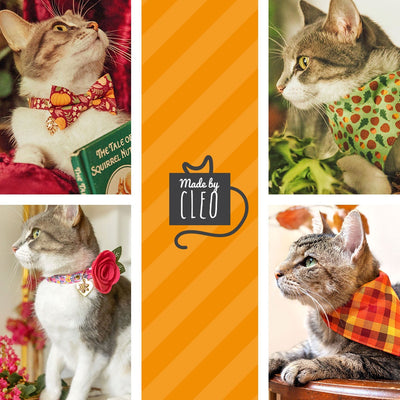 Cat Collar + Flower Set - "Scenic Route" - Aqua, Green & Orange Plaid Cat Collar w/ Peach Felt Flower (Detachable)