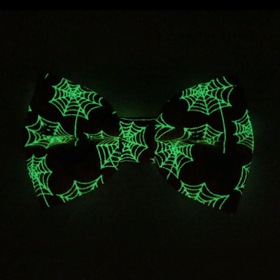 Pet Bow Tie - "Spooky Spiderwebs" - Halloween Glow-in-the-Dark Spider Cat Bow / For Cats + Small Dogs (One Size)