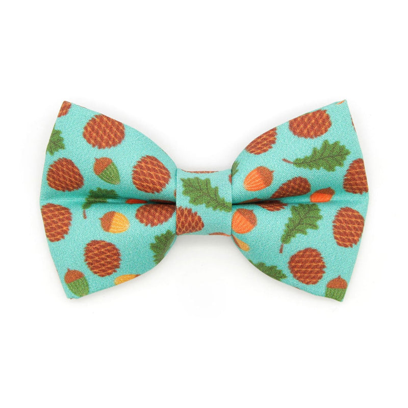 Pet Bow Tie - "Woodland - Sky" - Pine Cones, Leaves & Acorns Turquoise Blue Cat Bow / For Cats + Small Dogs (One Size)