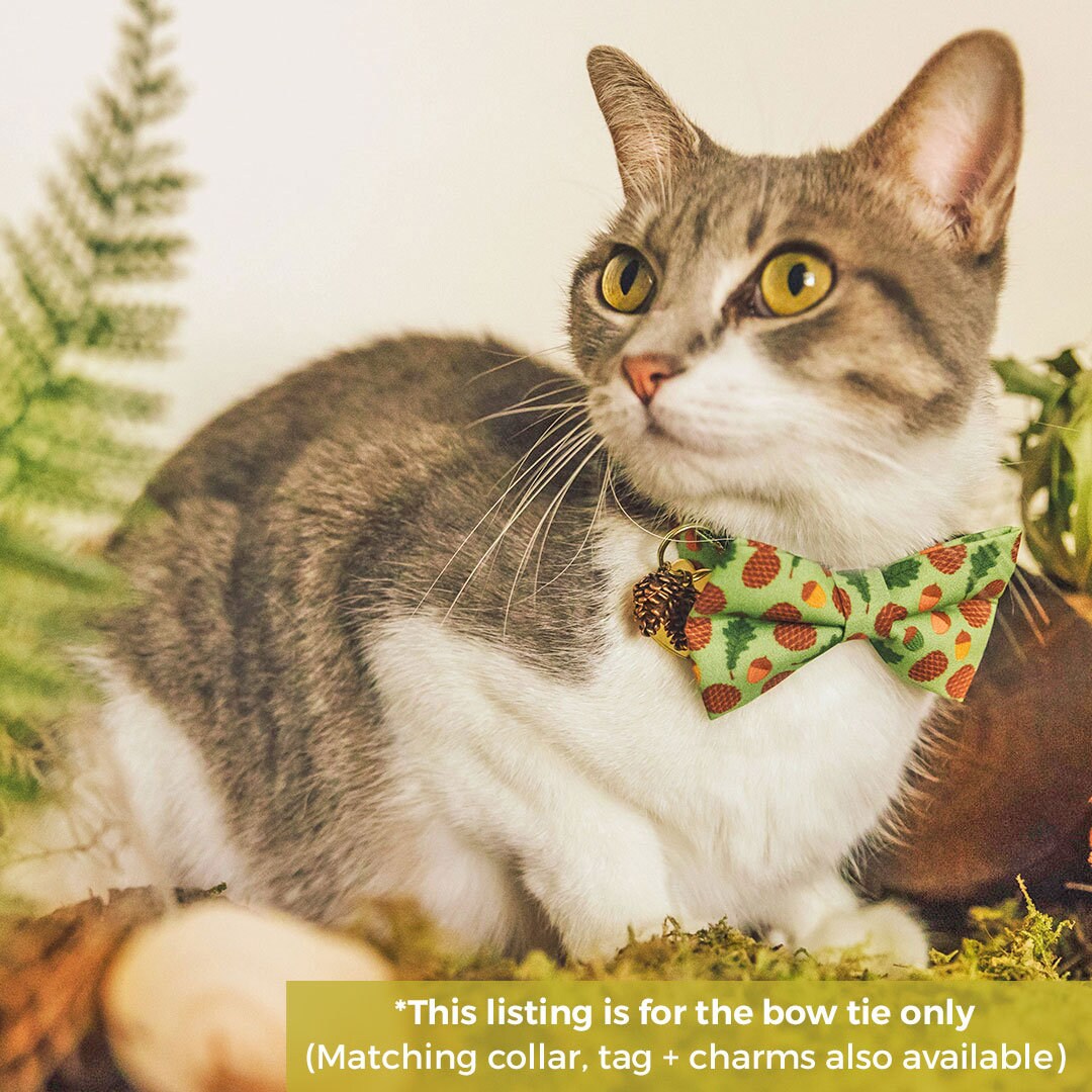 Pet Bow Tie - "Woodland - Moss" - Pine Cones, Leaves & Acorns Forest Green Cat Bow / For Cats + Small Dogs (One Size)