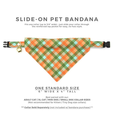 Pet Bandana - "Scenic Route" - Aqua, Green & Orange Plaid Bandana for Cat + Small Dog / Slide-on Bandana / Over-the-Collar (One Size)