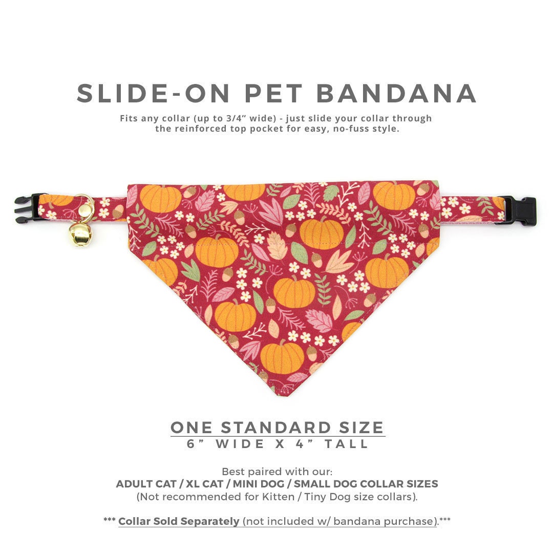 Pet Bandana - "Pumpkin Patch - Cranberry" - Burgundy Autumn Harvest Bandana for Cat + Small Dog / Slide-on Bandana / Over-the-Collar (One Size)