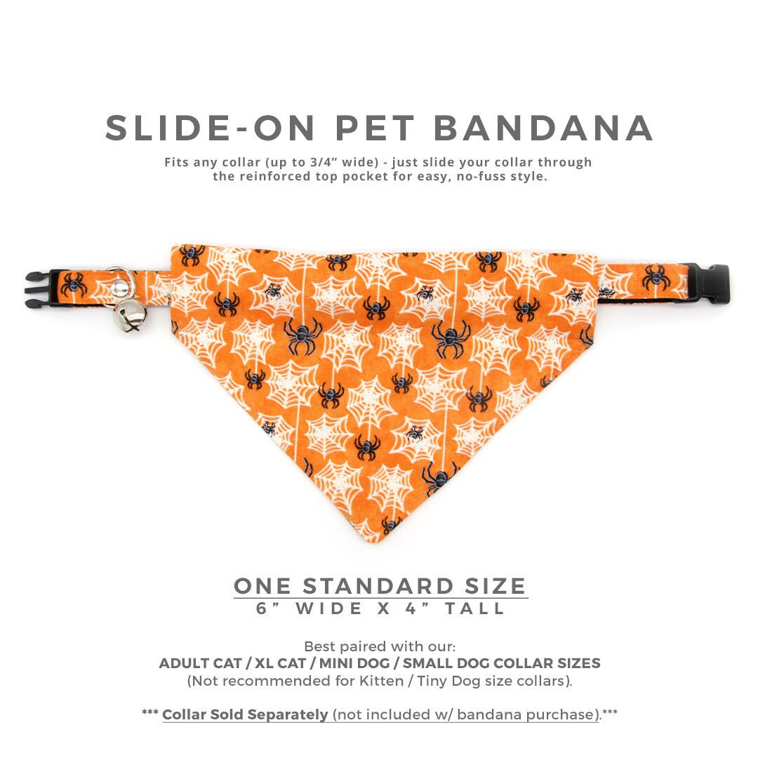 Pet Bandana - "Spooky Spiderwebs" - Halloween Glow-in-the-Dark Bandana for Cat + Small Dog / Slide-on Bandana / Over-the-Collar (One Size)