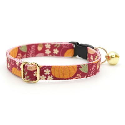 Cat Collar + Flower Set - "Pumpkin Patch - Cranberry" - Burgundy Autumn Harvest Cat Collar w/ Baby Pink Felt Flower (Detachable)