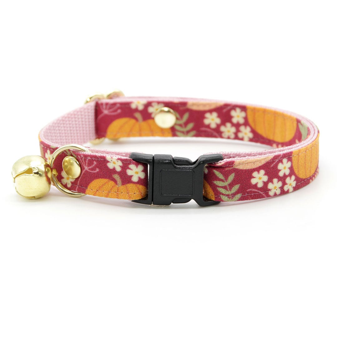 Cat Collar + Flower Set - "Pumpkin Patch - Cranberry" - Burgundy Autumn Harvest Cat Collar w/ Baby Pink Felt Flower (Detachable)