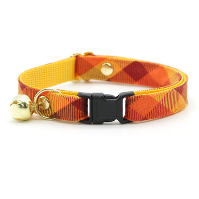 Cat Collar + Flower Set - "Cinnamon" - Orange, Red & Gold Fall Plaid Cat Collar w/ Mustard Felt Flower (Detachable)