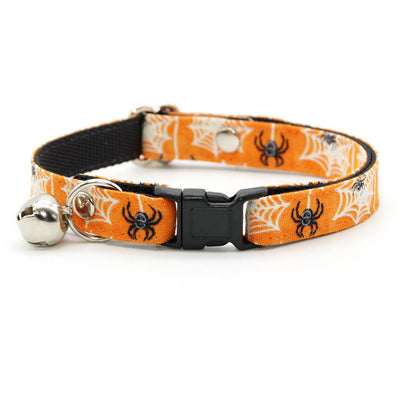 Cat Collar + Flower Set - "Spooky Spiderwebs" - Halloween Glow-in-the-Dark Cat Collar w/ Orange Felt Flower (Detachable)