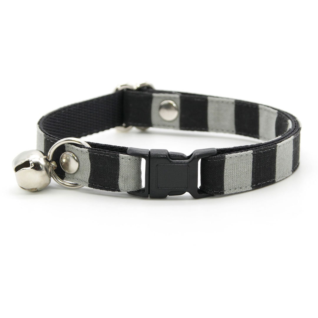 Cat Collar + Flower Set - "Unexpected Guest" - Black & Gray Striped Cat Collar w/ Plum Felt Flower (Detachable)