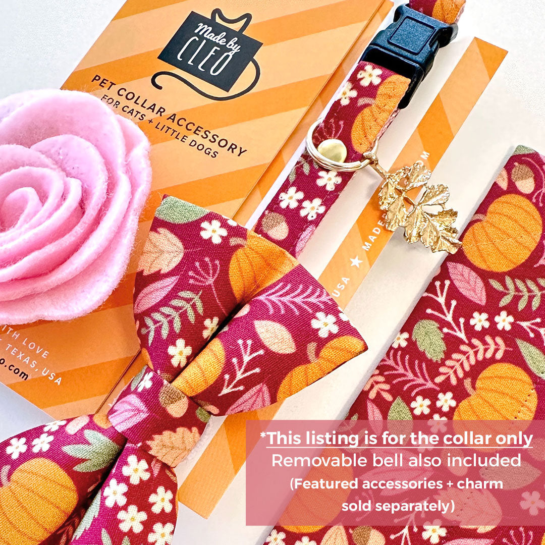 Cat Collar - "Pumpkin Patch - Cranberry" - Burgundy Fall Harvest Cat Collar / Thanksgiving / Breakaway Buckle or Non-Breakaway / Cat, Kitten + Small Dog Sizes