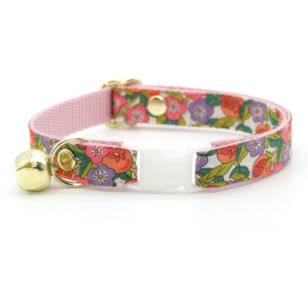 Cat Collar - "Ambrosia" - Liberty of London® Floral Cat Collar / Pink, Purple, Green & Orange / Breakaway Buckle or Non-Breakaway / Cat, Kitten + Small Dog Sizes