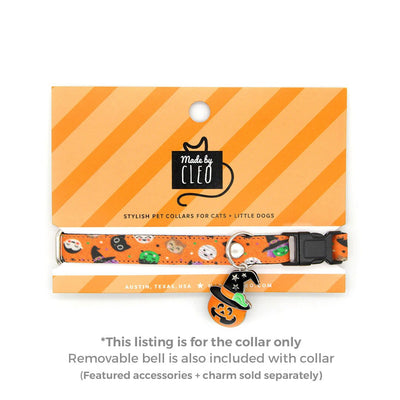 Cat Collar - "Monster Party" - Halloween Orange Cat Collar / Witch, Frankenstein, Mummy / Breakaway Buckle or Non-Breakaway / Cat, Kitten + Small Dog Sizes