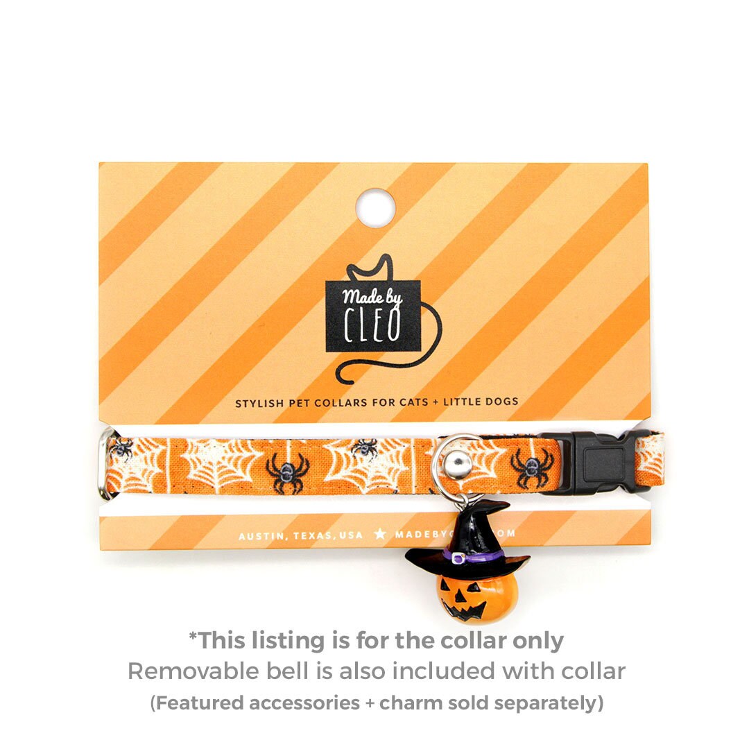 Cat Collar - "Spooky Spiderwebs" - Halloween Glow-in-the-Dark Spider Cat Collar / Breakaway Buckle or Non-Breakaway / Cat, Kitten + Small Dog Sizes