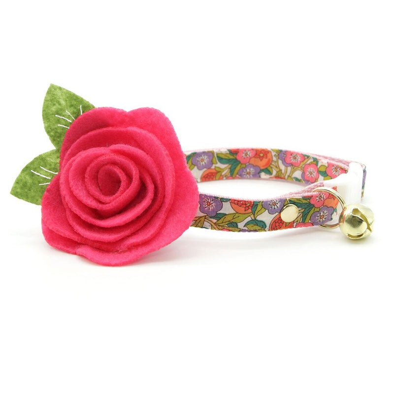 Cat Collar + Flower Set - "Ambrosia" - Liberty Of London® Floral Cat Collar w/ Fuchsia Felt Flower (Detachable)