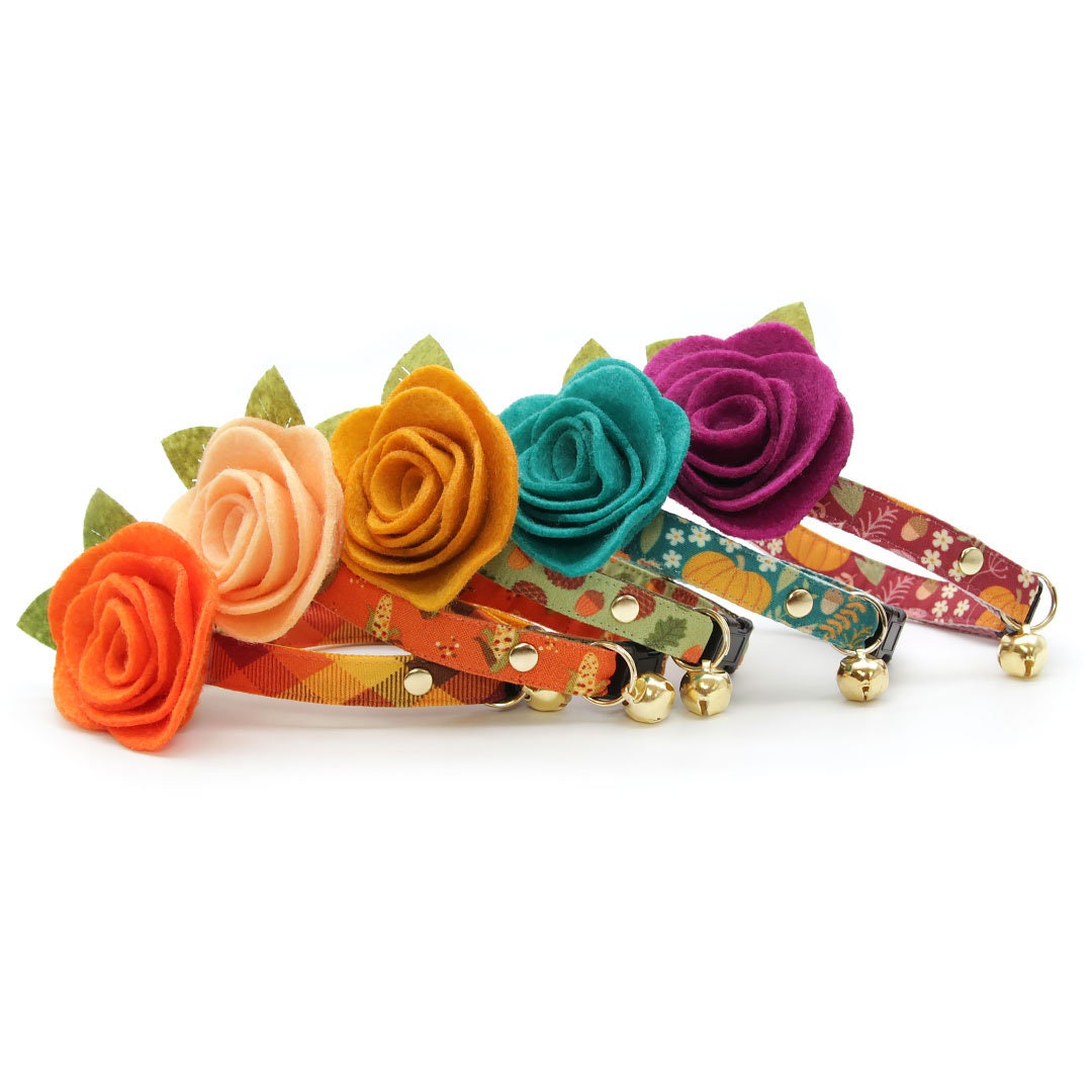 Cat Collar + Flower Set - "Pumpkin Patch - Cranberry" - Burgundy Autumn Harvest Cat Collar w/ Plum Felt Flower (Detachable)