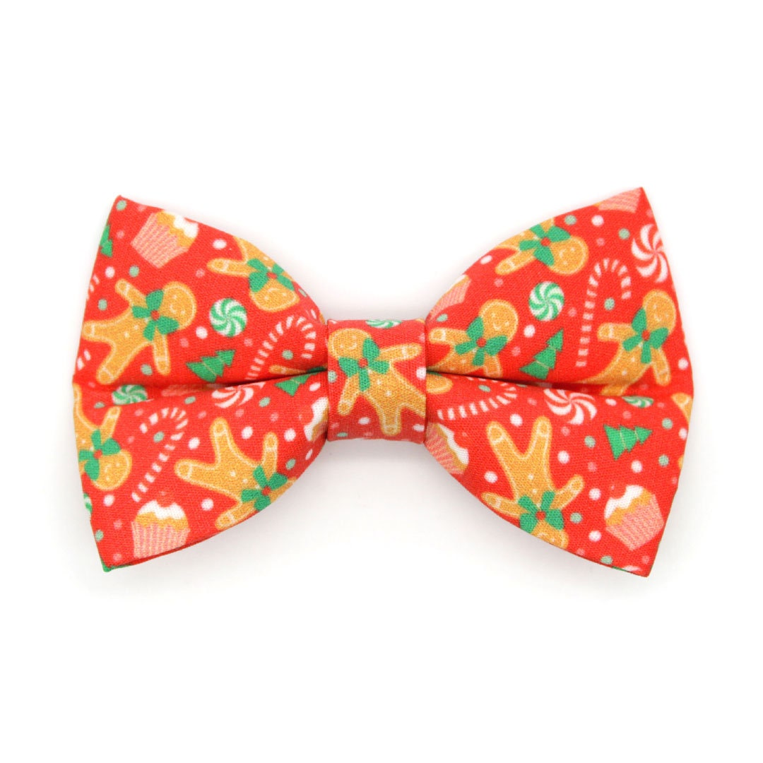 Bow Tie Cat Collar Set - "Christmas Treats - Red" - Gingerbread Holiday Cat Collar w/ Matching Bowtie / Cat, Kitten, Small Dog Sizes