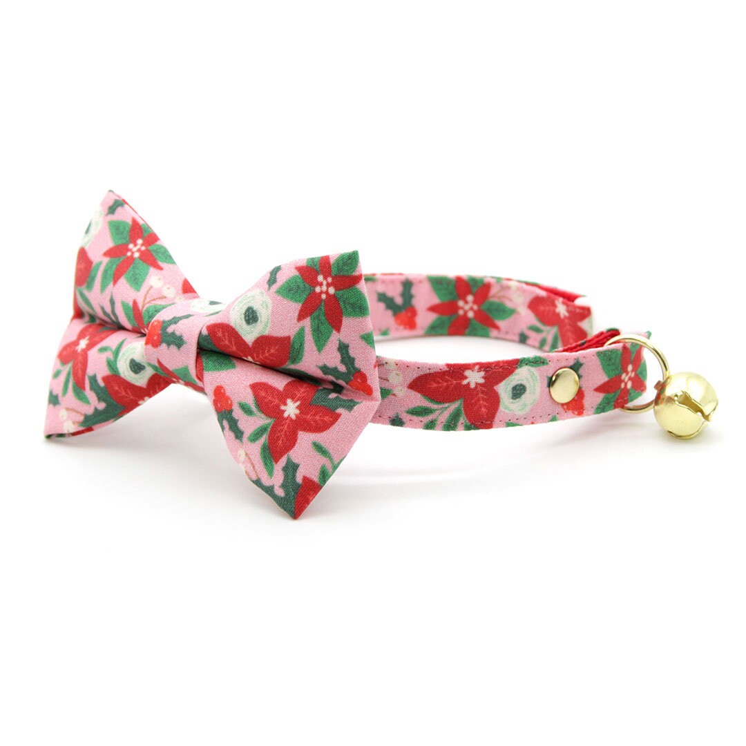 Bow Tie Cat Collar Set - "Winter Blooms - Pink" - Christmas Floral Cat Collar w/ Matching Bowtie / Holiday / Cat, Kitten, Small Dog Sizes