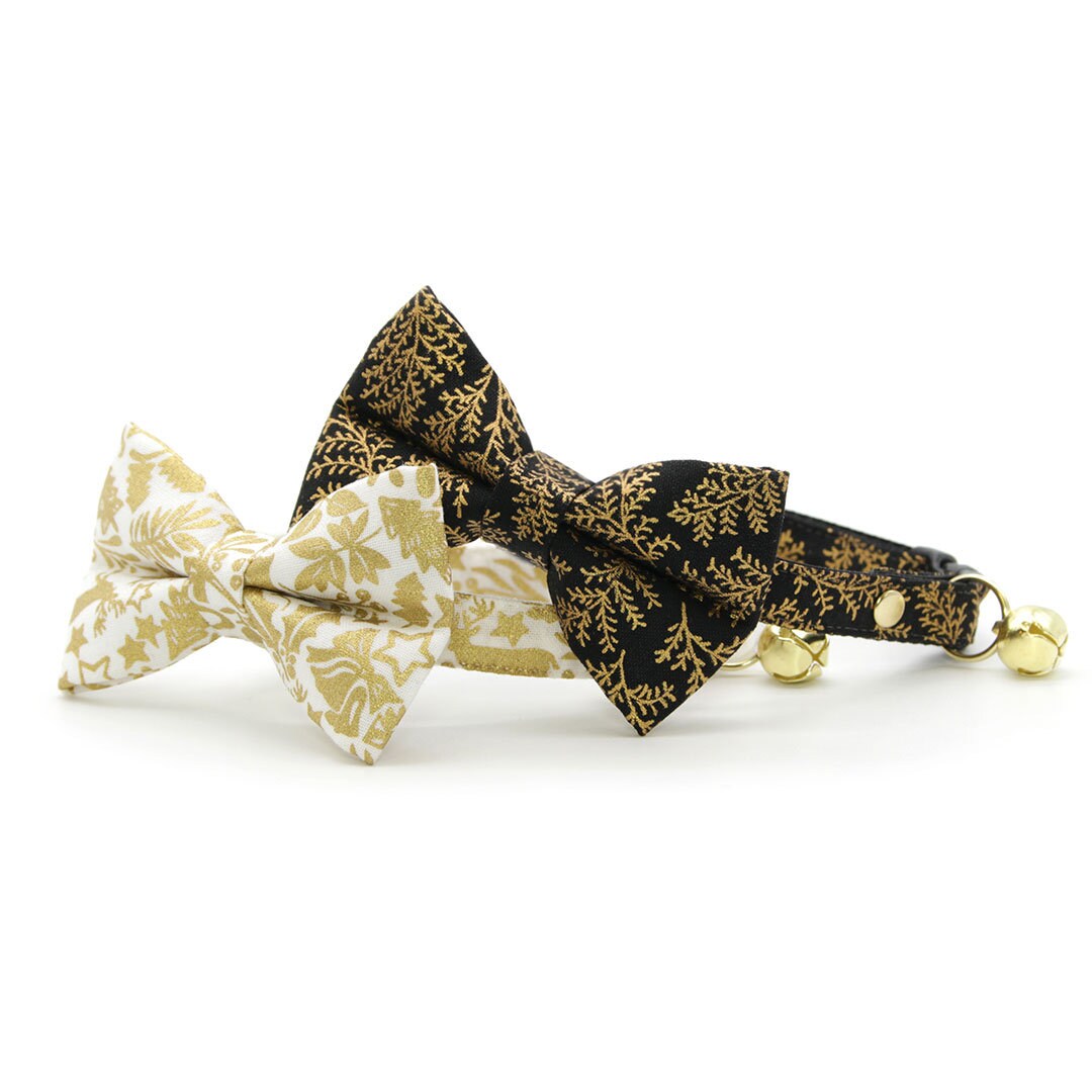 Bow Tie Cat Collar Set - "Black Forest" - Gold & Black Cat Collar w/ Matching Bowtie / Christmas, Winter, Wedding / Cat, Kitten, Small Dog Sizes