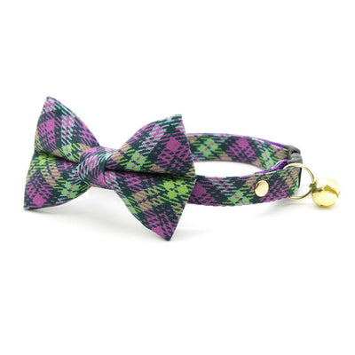 Bow Tie Cat Collar Set - "Morgan Le Fey" - Purple Plaid Cat Collar w/ Matching Bowtie / Cat, Kitten, Small Dog Sizes