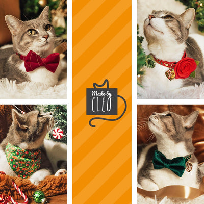 Pet Bow Tie - "Winter Blooms - Mint" - Christmas Poinsettia Cat Bow Tie / Holiday Floral / For Cats + Small Dogs (One Size)