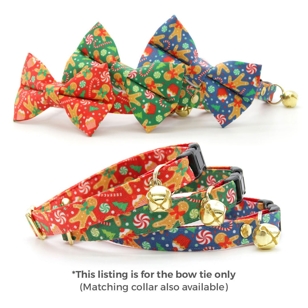 Pet Bow Tie - "Christmas Treats - Green" - Holiday Gingerbread Cat Bow Tie / For Cats + Small Dogs (One Size)
