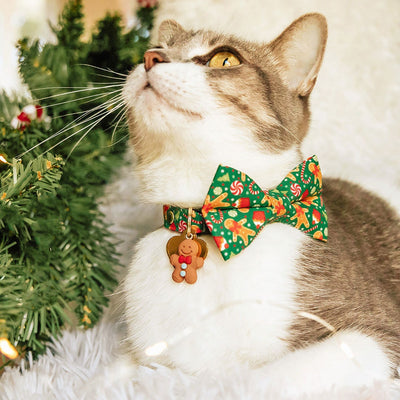 Pet Bow Tie - "Christmas Treats - Green" - Holiday Gingerbread Cat Bow Tie / For Cats + Small Dogs (One Size)