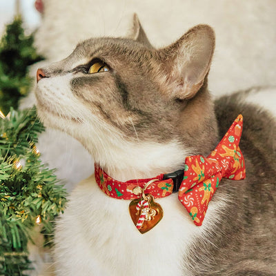 Pet Bow Tie - "Christmas Treats - Red" - Holiday Gingerbread Cat Bow Tie / For Cats + Small Dogs (One Size)
