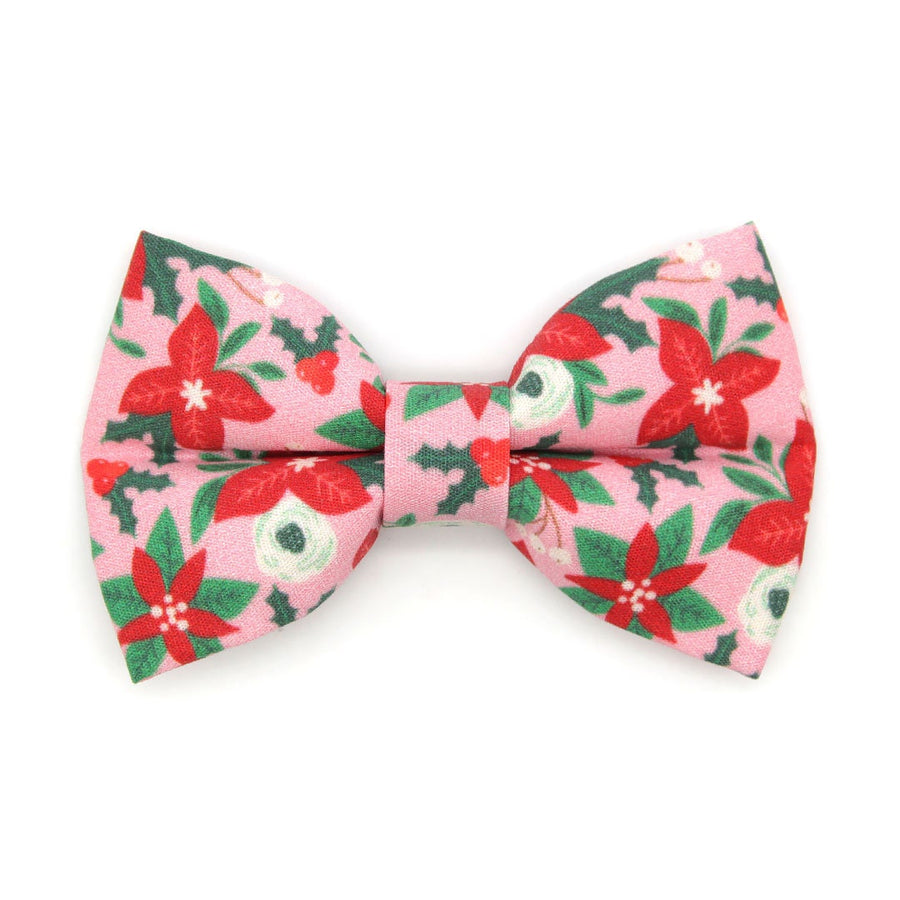 Pet Bow Tie - "Winter Blooms - Pink" - Christmas Poinsettia Cat Bow Tie / Holiday Floral / For Cats + Small Dogs (One Size)