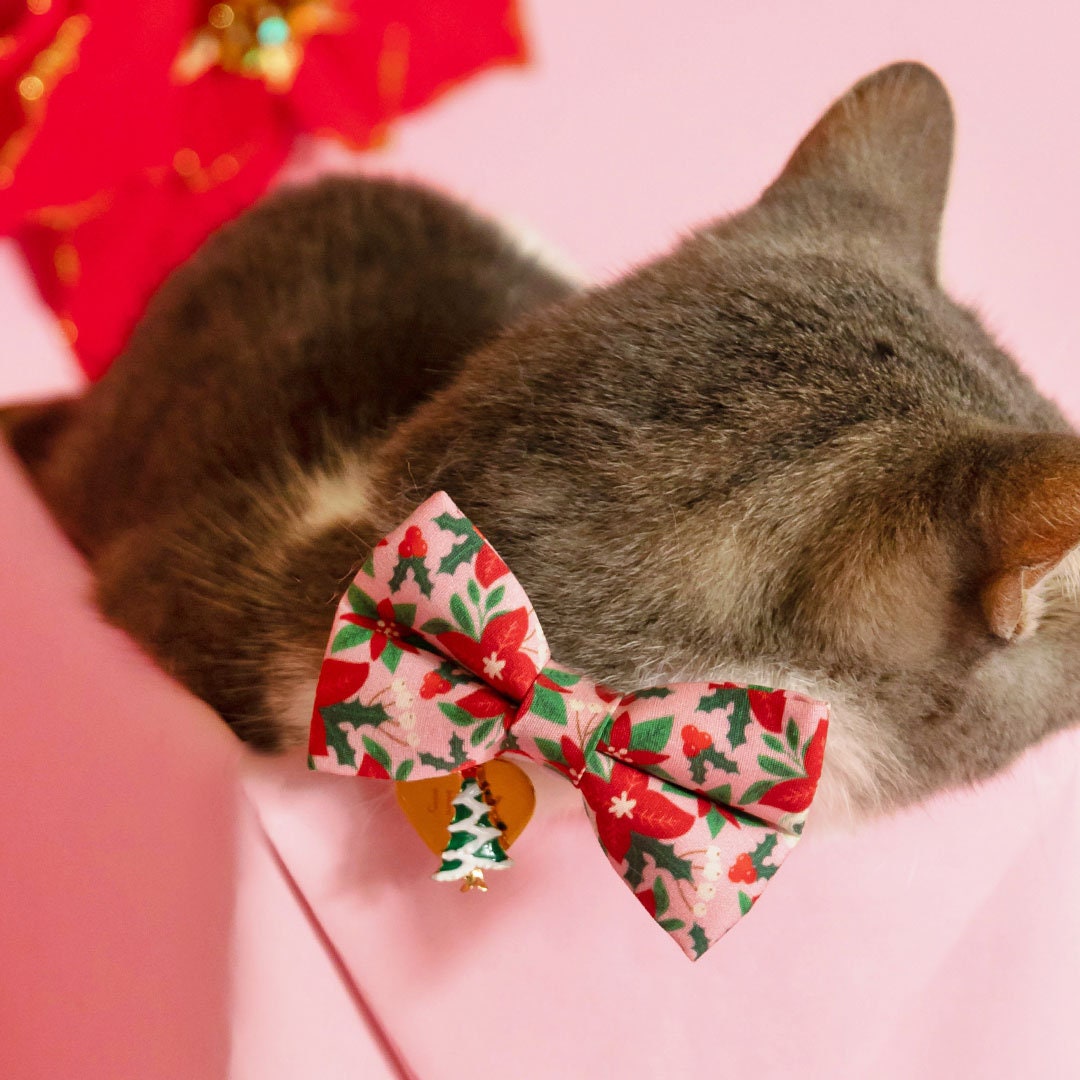 Pet Bow Tie - "Winter Blooms - Pink" - Christmas Poinsettia Cat Bow Tie / Holiday Floral / For Cats + Small Dogs (One Size)