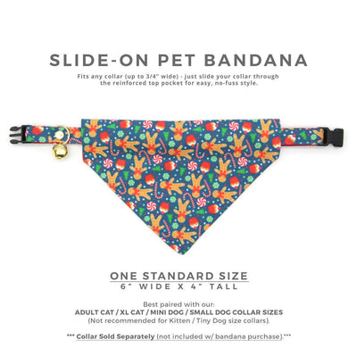 Pet Bandana - "Christmas Treats - Blue" - Holiday Gingerbread Bandana for Cat + Small Dog / Slide-on Bandana / Over-the-Collar (One Size)