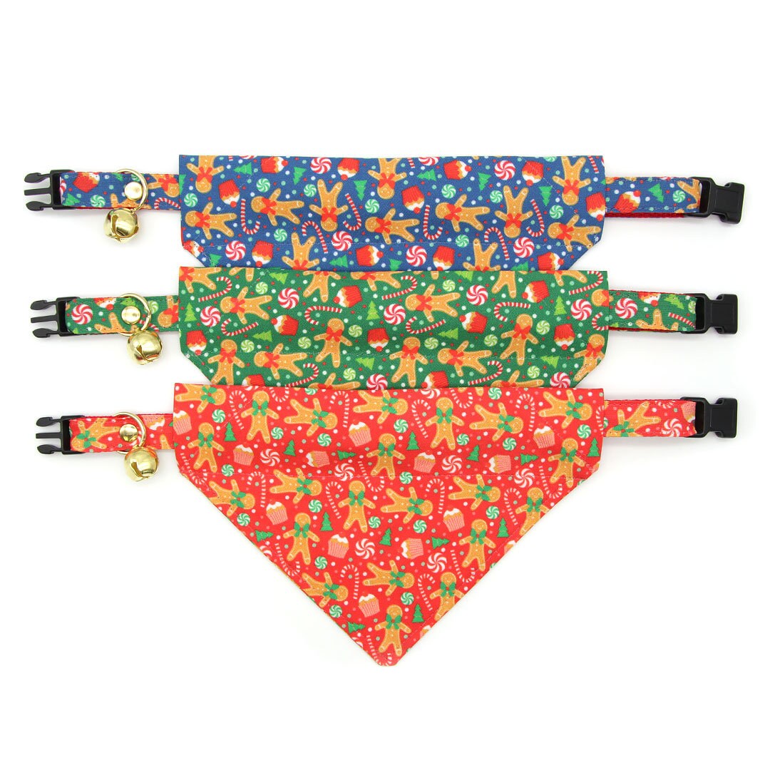 Pet Bandana - "Christmas Treats - Red" - Holiday Gingerbread Bandana for Cat + Small Dog / Slide-on Bandana / Over-the-Collar (One Size)