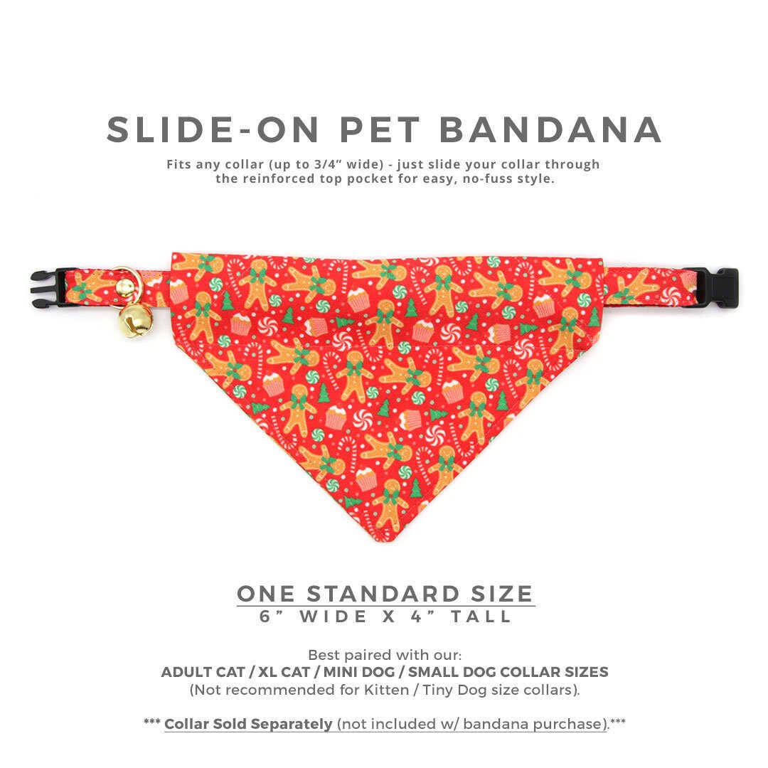 Pet Bandana - "Christmas Treats - Red" - Holiday Gingerbread Bandana for Cat + Small Dog / Slide-on Bandana / Over-the-Collar (One Size)