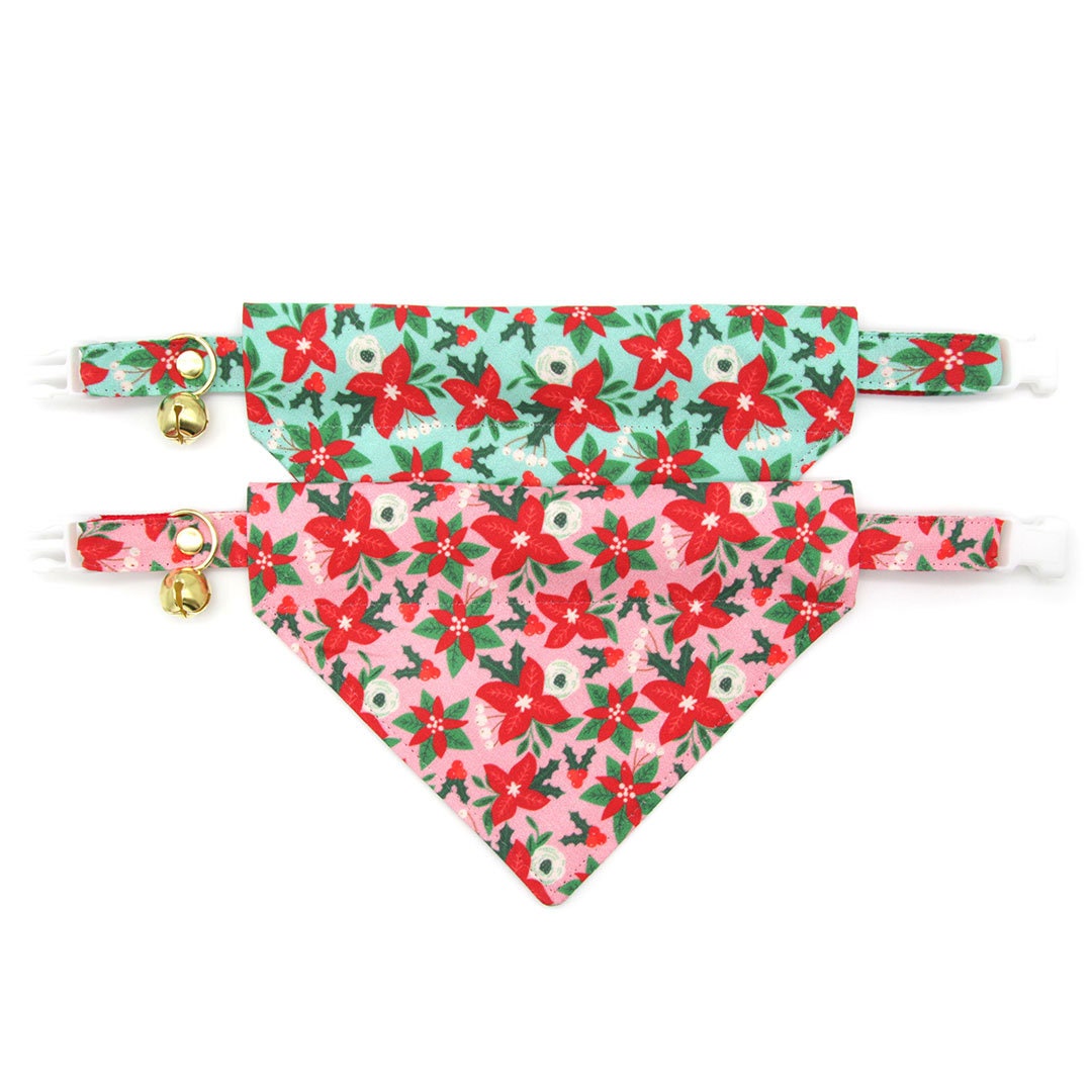 Pet Bandana - "Winter Blooms - Pink" - Poinsettia Bandana for Cat + Small Dog / Christmas Floral / Slide-on Bandana / Over-the-Collar (One Size)