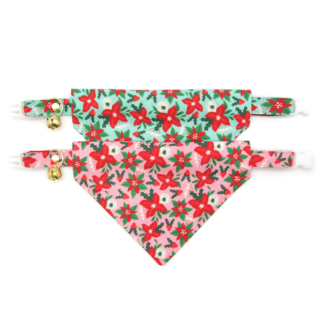 Pet Bandana - "Winter Blooms - Mint" - Holiday Poinsettia Bandana for Cat + Small Dog / Christmas Floral / Slide-on Bandana / Over-the-Collar (One Size)